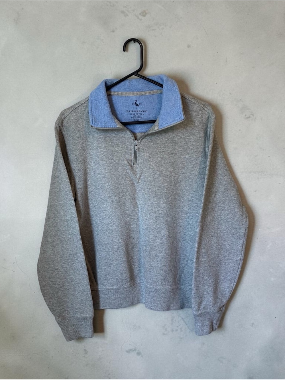 Tailorbyrd Men's Cotton Gray Quarter-Zip Sweater with Light Blue Collar
